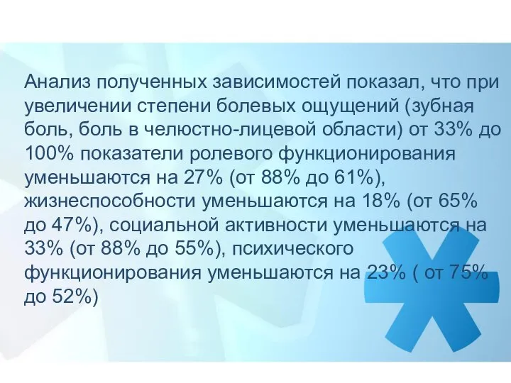 Анализ полученных зависимостей показал, что при увеличении степени болевых ощущений (зубная боль,