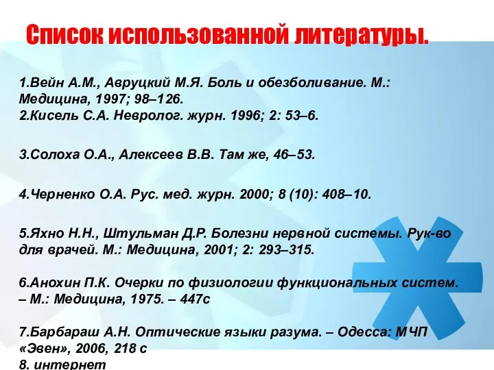 Список использованной литературы. 1.Вейн А.М., Авруцкий М.Я. Боль и обезболивание. М.: Медицина,