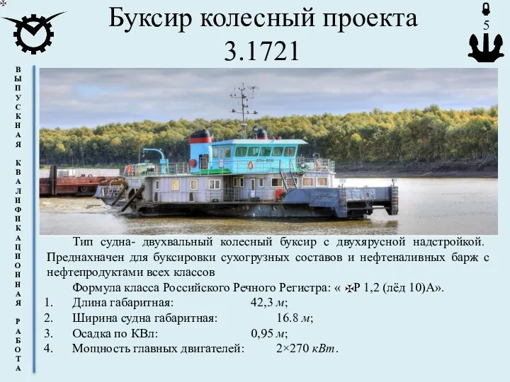 Буксир колесный проекта 3.1721 Тип судна- двухвальный колесный буксир с двухярусной надстройкой.