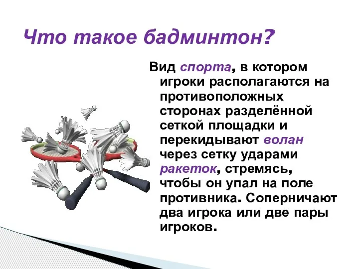 Вид спорта, в котором игроки располагаются на противоположных сторонах разделённой сеткой площадки