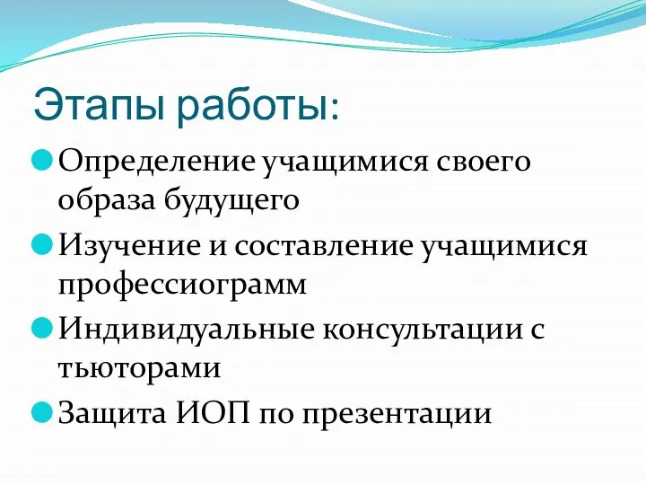 Этапы работы: Определение учащимися своего образа будущего Изучение и составление учащимися профессиограмм