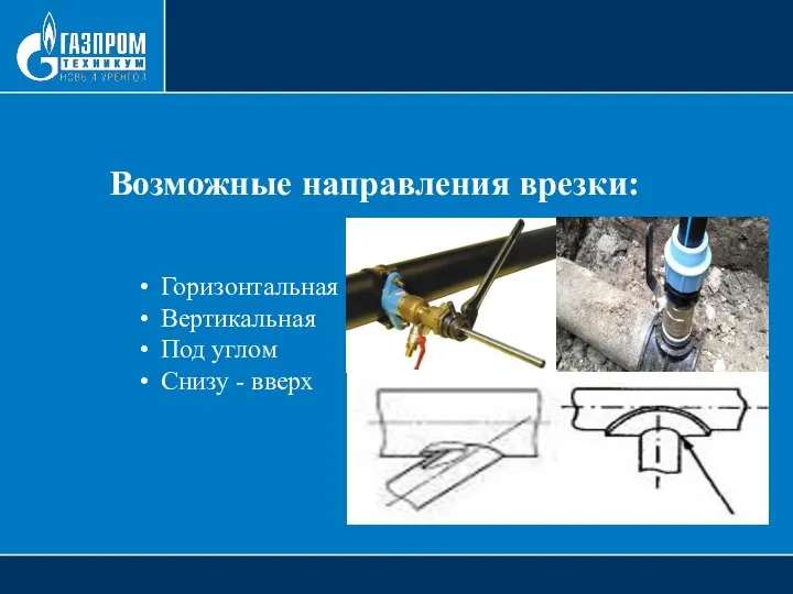 Возможные направления врезки: Горизонтальная Вертикальная Под углом Снизу - вверх