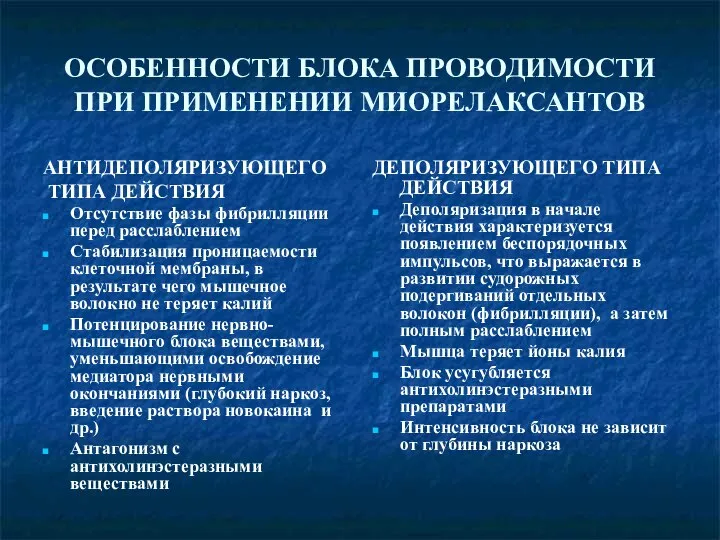 ОСОБЕННОСТИ БЛОКА ПРОВОДИМОСТИ ПРИ ПРИМЕНЕНИИ МИОРЕЛАКСАНТОВ АНТИДЕПОЛЯРИЗУЮЩЕГО ТИПА ДЕЙСТВИЯ Отсутствие фазы фибрилляции