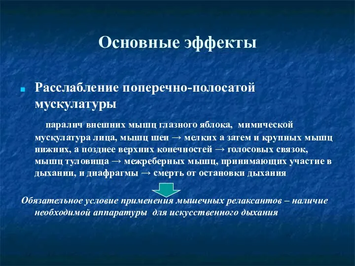 Основные эффекты Расслабление поперечно-полосатой мускулатуры паралич внешних мышц глазного яблока, мимической мускулатура