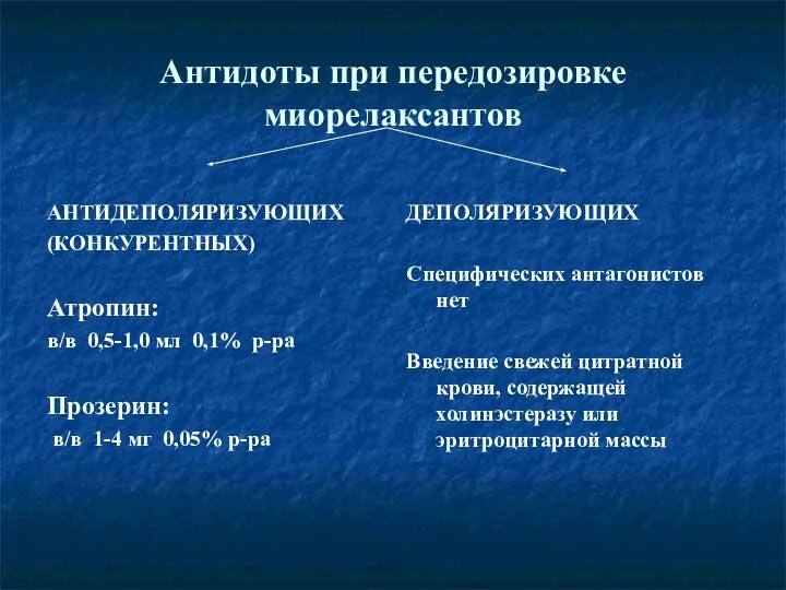 Антидоты при передозировке миорелаксантов АНТИДЕПОЛЯРИЗУЮЩИХ (КОНКУРЕНТНЫХ) Атропин: в/в 0,5-1,0 мл 0,1% р-ра