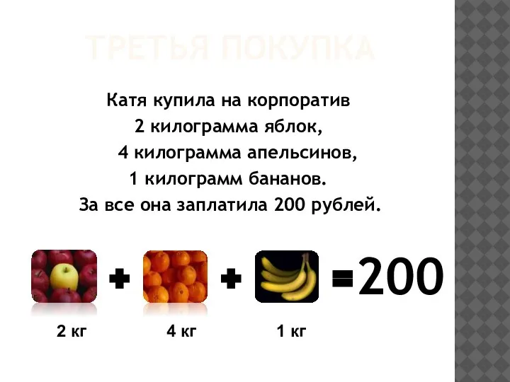 ТРЕТЬЯ ПОКУПКА Катя купила на корпоратив 2 килограмма яблок, 4 килограмма апельсинов,