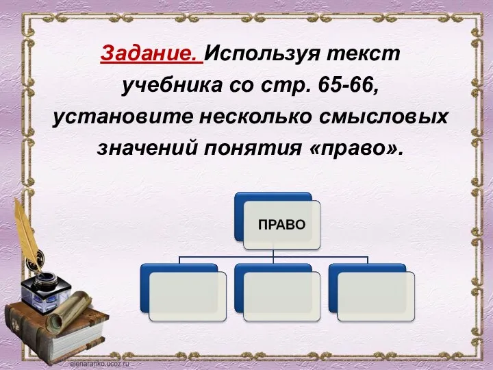 Задание. Используя текст учебника со стр. 65-66, установите несколько смысловых значений понятия «право».