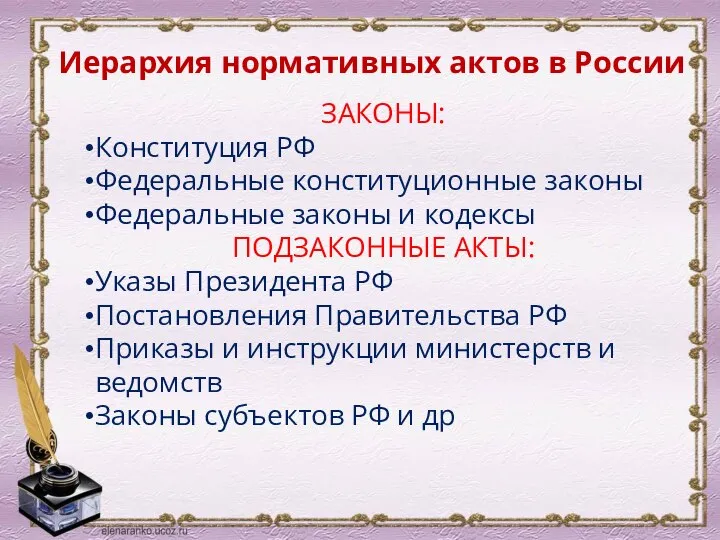 Иерархия нормативных актов в России ЗАКОНЫ: Конституция РФ Федеральные конституционные законы Федеральные