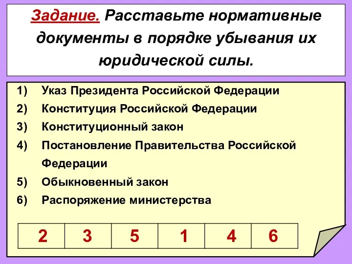 Задание. Расставьте нормативные документы в порядке убывания их юридической силы. Указ Президента