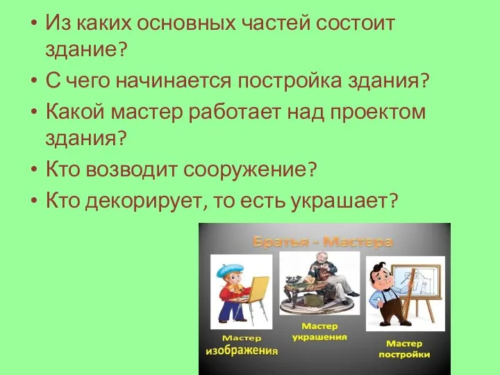 Из каких основных частей состоит здание? С чего начинается постройка здания? Какой