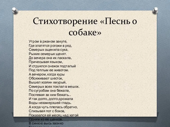 Стихотворение «Песнь о собаке» Утром в ржаном закуте, Где златятся рогожи в