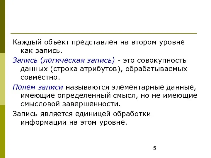 Каждый объект представлен на втором уровне как запись. Запись (логическая запись) -