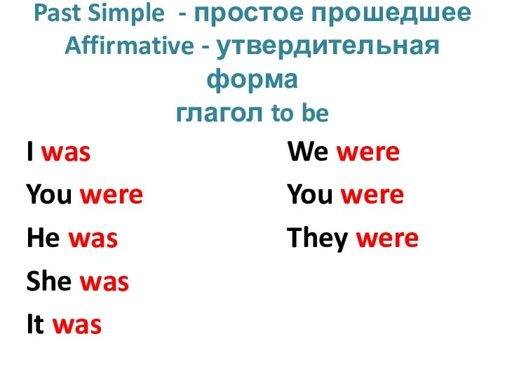 Past Simple - простое прошедшее Affirmative - утвердительная форма глагол to be