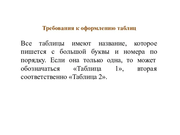 Требования к оформлению таблиц Все таблицы имеют название, которое пишется с большой