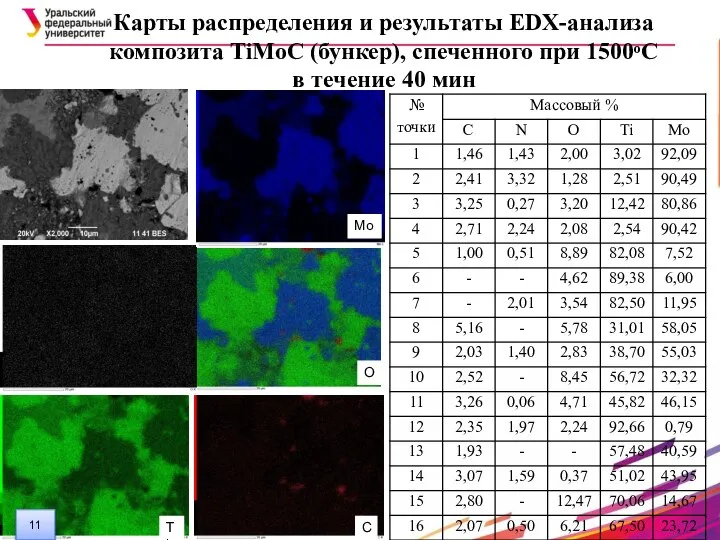 Карты распределения и результаты EDX-анализа композита TiMoC (бункер), спеченного при 1500ᵒС в