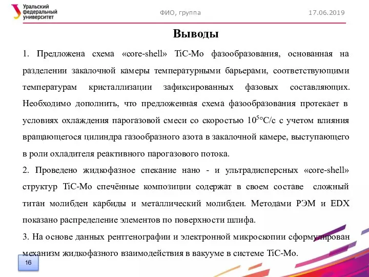 17.06.2019 ФИО, группа Выводы 1. Предложена схема «core-shell» TiC-Mo фазообразования, основанная на