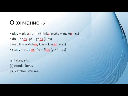 Окончание -s play – plays, think-thinks, make – makes (+s) do –