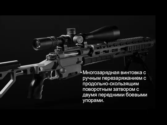 Многозарядная винтовка с ручным перезаряжанием с продольно-скользящим поворотным затвором с двумя передними боевыми упорами.