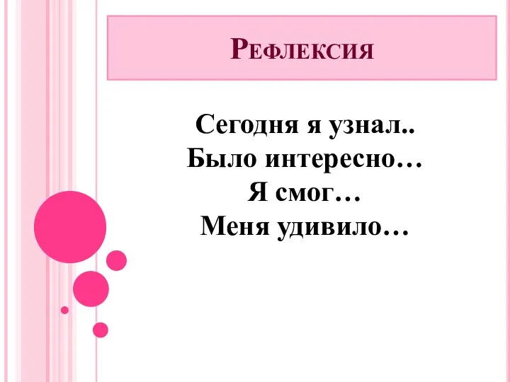 Рефлексия Сегодня я узнал.. Было интересно… Я смог… Меня удивило…