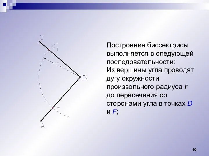 Построение биссектрисы выполняется в следующей последовательности: Из вершины угла проводят дугу окружности