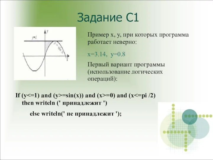 Задание С1 Пример x, y, при которых программа работает неверно: x=3.14, y=0.8