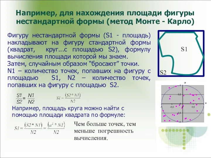 Например, для нахождения площади фигуры нестандартной формы (метод Монте - Карло) Фигуру