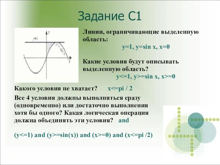 Задание С1 Линии, ограничивающие выделенную область: y=1, y=sin x, x=0 Какие условия