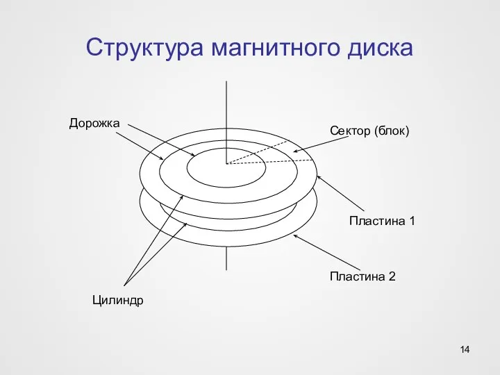 Структура магнитного диска Цилиндр Дорожка Сектор (блок) Пластина 1 Пластина 2