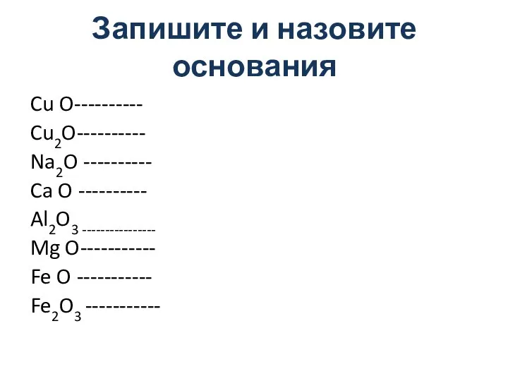 Запишите и назовите основания Cu O---------- Cu2O---------- Na2O ---------- Ca O ----------