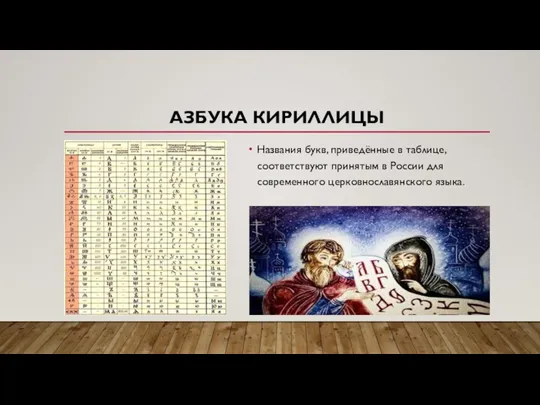 АЗБУКА КИРИЛЛИЦЫ Названия букв, приведённые в таблице, соответствуют принятым в России для современного церковнославянского языка.