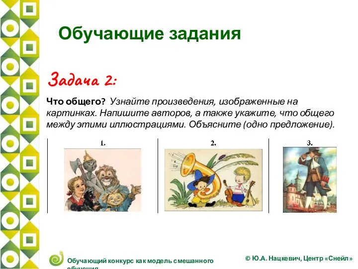 Обучающие задания Задача 2: Что общего? Узнайте произведения, изображенные на картинках. Напишите