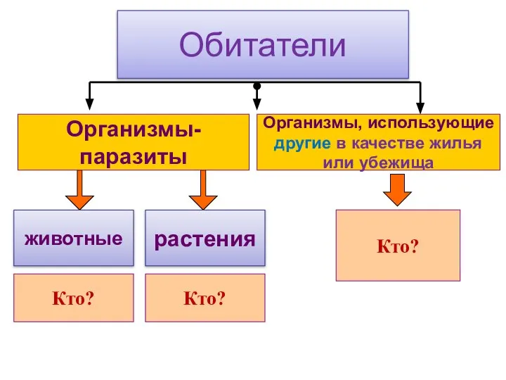 Обитатели Организмы-паразиты животные растения Организмы, использующие другие в качестве жилья или убежища Кто? Кто? Кто?