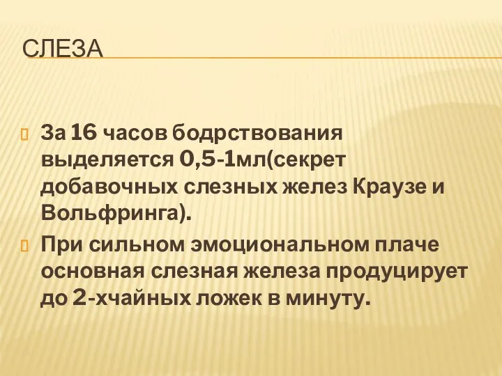 СЛЕЗА За 16 часов бодрствования выделяется 0,5-1мл(секрет добавочных слезных желез Краузе и