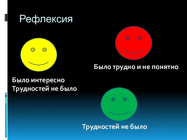 Рефлексия Трудностей не было Было интересно Трудностей не было Было трудно и не понятно