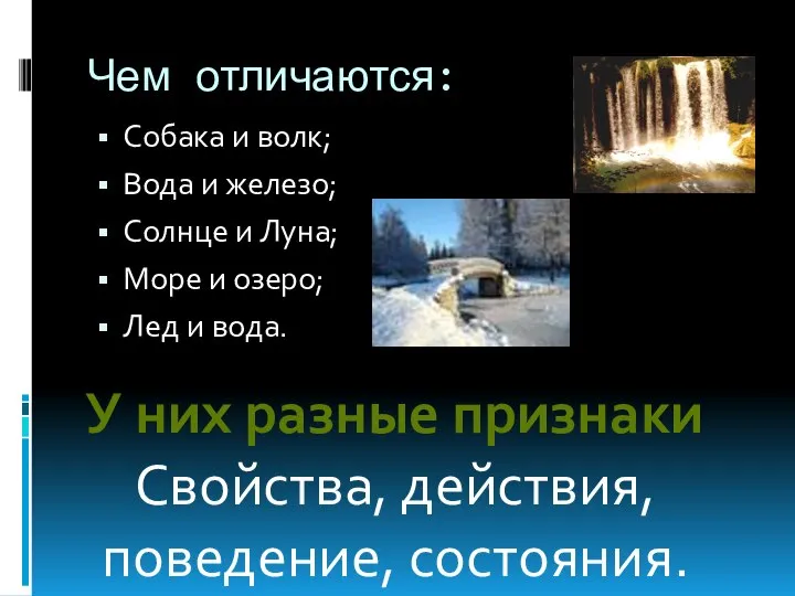 Чем отличаются: Собака и волк; Вода и железо; Солнце и Луна; Море