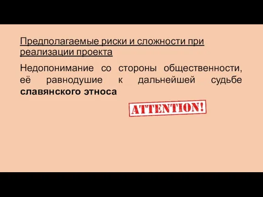 Предполагаемые риски и сложности при реализации проекта Недопонимание со стороны общественности, её