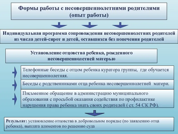 Формы работы с несовершеннолетними родителями (опыт работы) Результат: установление отцовства в добровольном