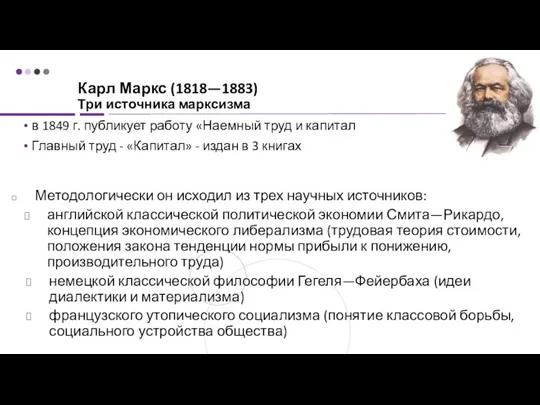 Карл Маркс (1818—1883) Три источника марксизма в 1849 г. публикует работу «Наемный