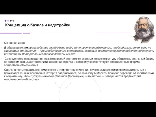 Концепция о базисе и надстройке Основная идея: В общественном производстве своей жизни