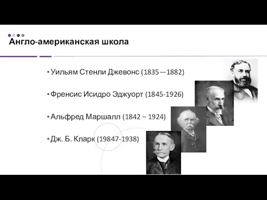 Англо-американская школа Уильям Стенли Джевонс (1835—1882) Френсис Исидро Эджуорт (1845-1926) Альфред Маршалл