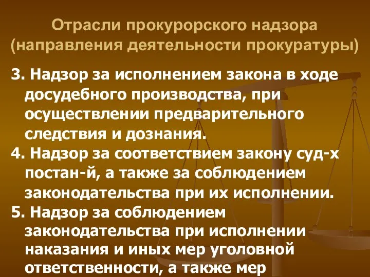 Отрасли прокурорского надзора (направления деятельности прокуратуры) 3. Надзор за исполнением закона в