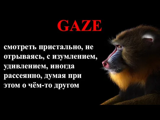 GAZE смотреть пристально, не отрываясь, с изумлением, удивлением, иногда рассеянно, думая при этом о чём-то другом