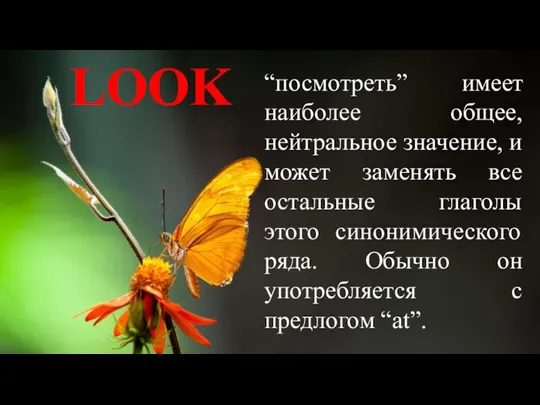 LOOK “посмотреть” имеет наиболее общее, нейтральное значение, и может заменять все остальные