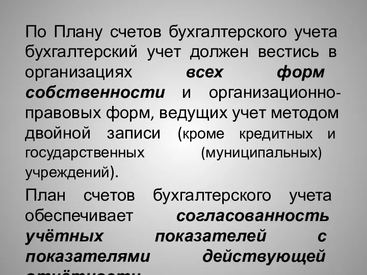 По Плану счетов бухгалтерского учета бухгалтерский учет должен вестись в организациях всех