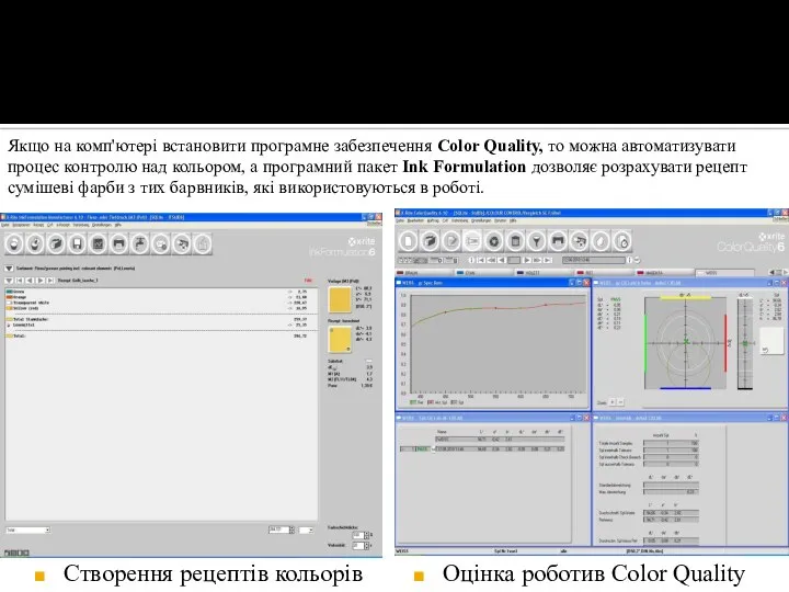 Створення рецептів кольорів Оценка работы в Color Quality Оцінка роботив Color Quality