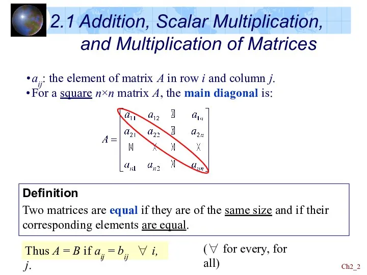 Ch2_ 2.1 Addition, Scalar Multiplication, and Multiplication of Matrices Definition Two matrices