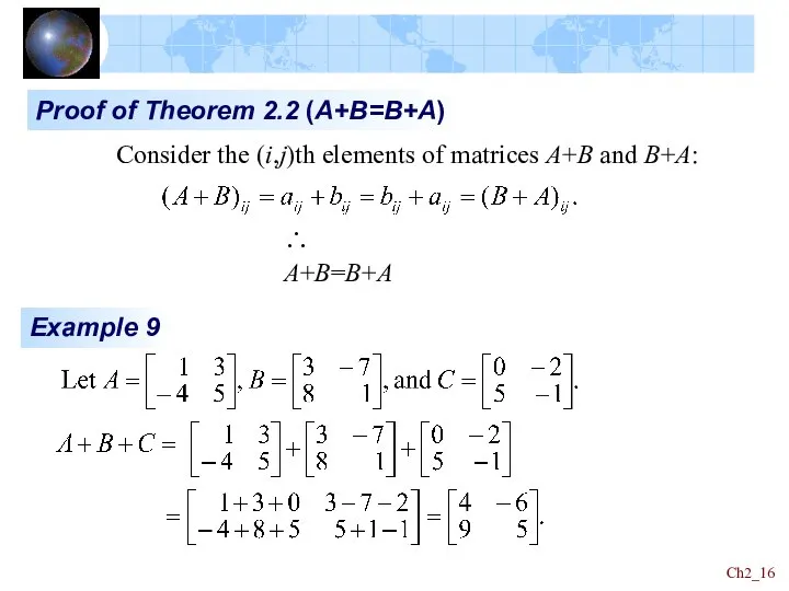 Ch2_ Proof of Theorem 2.2 (A+B=B+A) Consider the (i,j)th elements of matrices