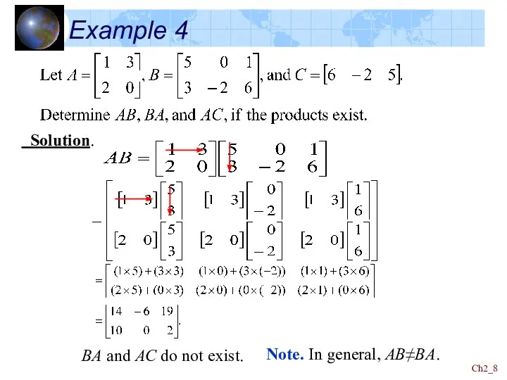 Ch2_ Example 4 BA and AC do not exist. Solution. Note. In general, AB≠BA.