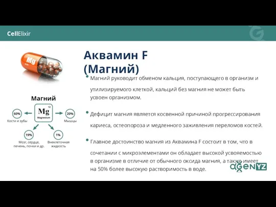 CellElixir Аквамин F (Магний) Магний руководит обменом кальция, поступающего в организм и