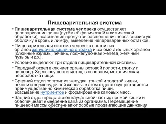 Пищеварительная система Пищеварительная система человека осуществляет переваривание пищи (путём её физической и